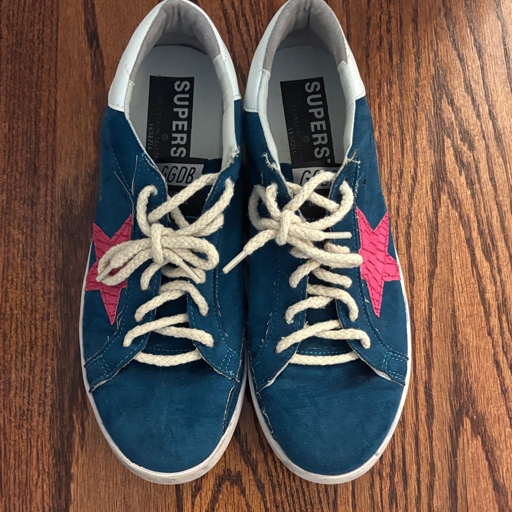 Golden Goose Style Blue Suede Sneakers with Pink Star